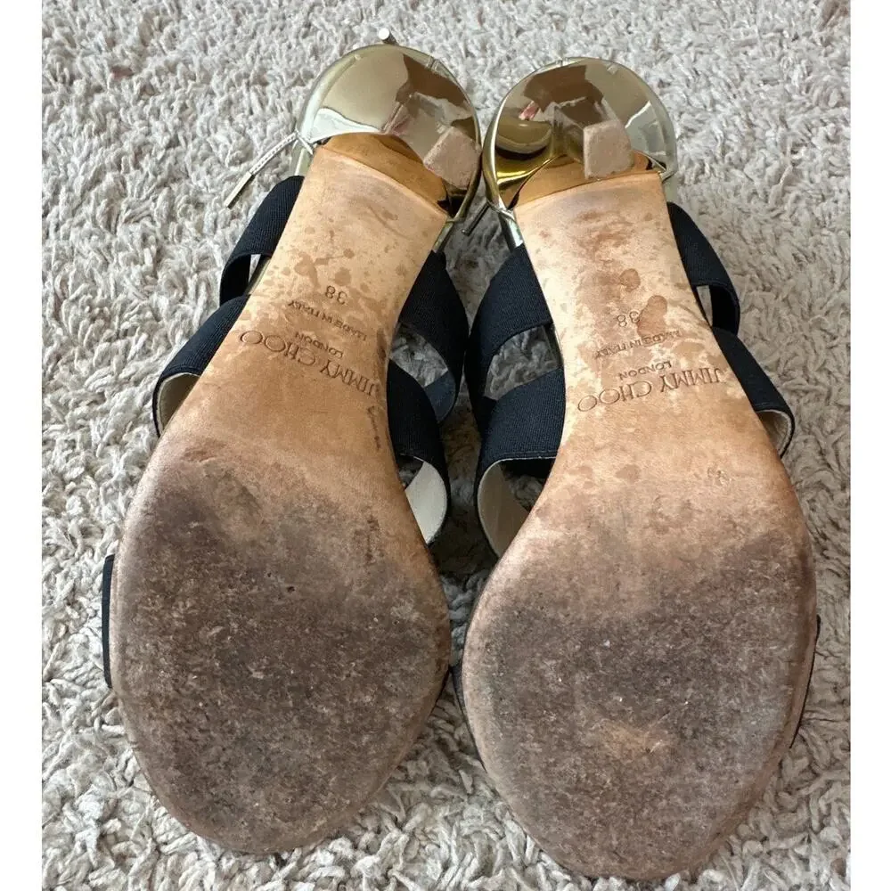 Jimmy Choo Dario Black Ladder Strap Gold Heel Sandals‎ Size US 8, IT 38